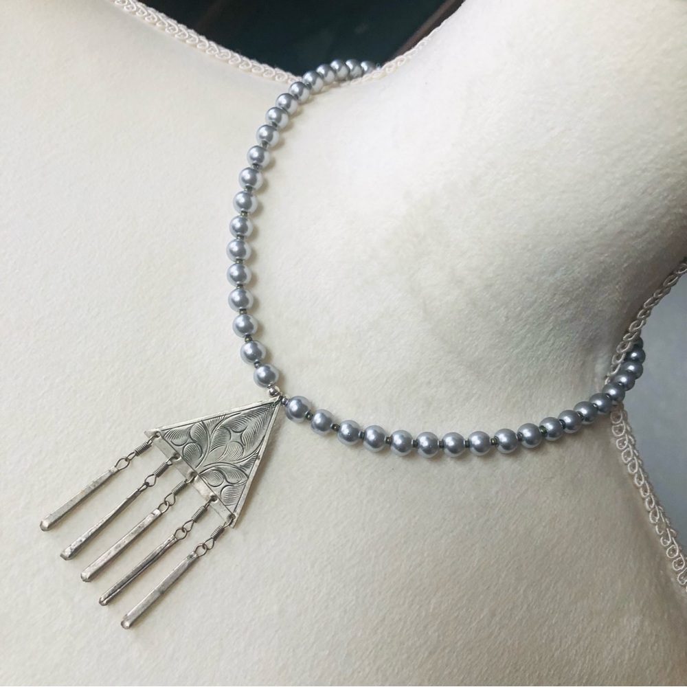 Handcrafted repurpose southwest etched steel pendant Czech glass Pearl necklace